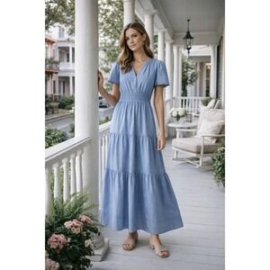 QUINCE Organic Cotton Tiered Maxi Dress‎ XL Smocked Cottagecore Quiet Luxury